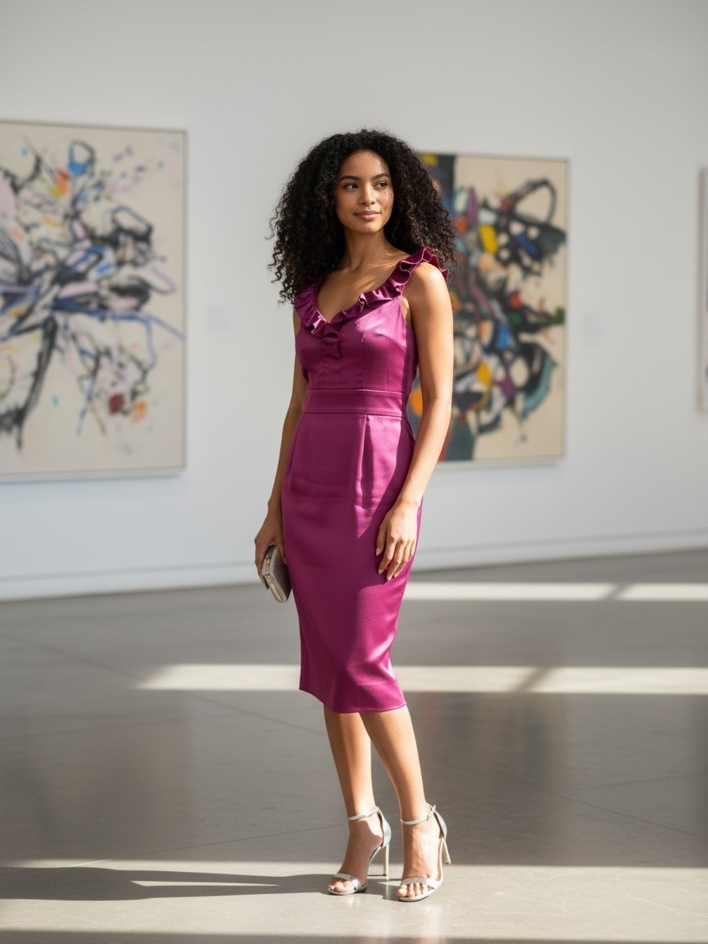 Ruffled V-Neck Midi Dress in Magenta